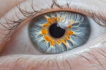 Close-up detail of a caucasian adult's eye with vibrant blue and orange iris