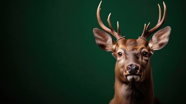 Close-up deer portrait, dark green background