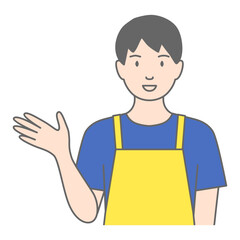 エプロンをした男性が「こちらです」と案内しているイラスト
