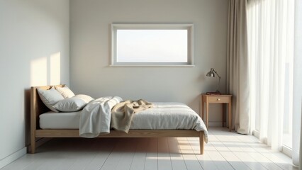 Sunlight streams through sheer curtains onto a minimalist bedroom with a light wood bed frame and crisp linens