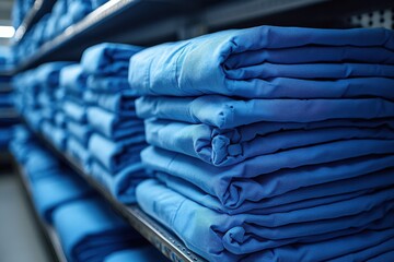 Blue hospital scrubs folded on shelf in clean medical laundry storage