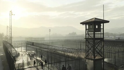 Overhead shot of a penitentiary with dramatic lighting and mountain backdrop scene - Powered by Adobe