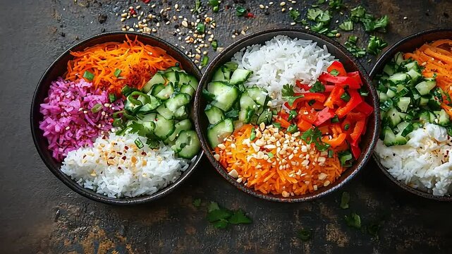 Colorful, healthy bowls with rice and assorted vegetables