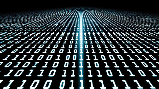 Digital binary code streams create mesmerizing visual effect, representing data flow and technology