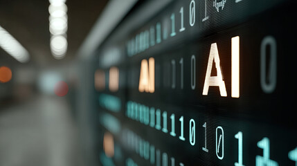Digital display featuring glowing AI symbols and binary code, creating futuristic atmosphere of technology and innovation