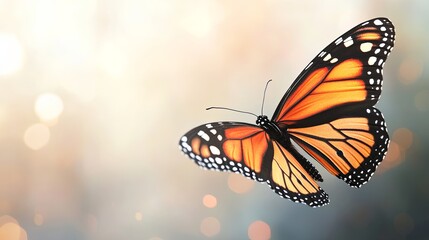Fototapeta premium A butterfly flying past a soft bokeh background with room for copy,.