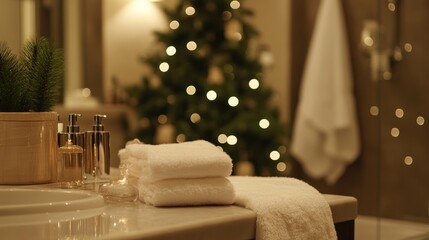 Cozy Christmas bathroom scene. Soft lighting illuminates a bathroom countertop with towels, a Christmas tree in the background, and toiletries