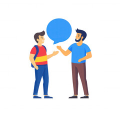 Fototapeta premium Two men engaged in conversation with a speech bubble above them, showcasing friendly communication. Ideal for illustrating social interaction and dialogue concepts.