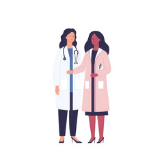 Obraz premium Two female doctors standing close together, one in a white coat and the other in a light pink coat, smiling and conveying a sense of professionalism and camaraderie.