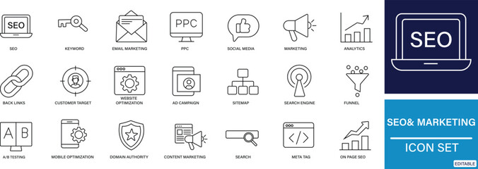 marketing icon set with promotion, branding, audience, targeting, digital, campaign, analytics, communication, and business growth symbols.