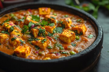 Close-up of Indian paneer curry with rich tomato gravy and fresh herbs in a traditional stone pot