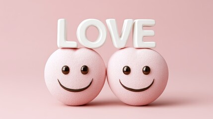 Two smiling pink textured spheres with the word LOVE in white letters on top against a pale pink background