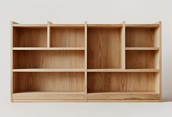 a pair of empty light wood bookcases with multiple shelves are displayed against a neutral backdrop.
