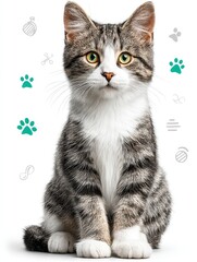 Obraz premium Grey tabby cat sitting on white background, surrounded by small green paw prints and playful icons. Adorable pet