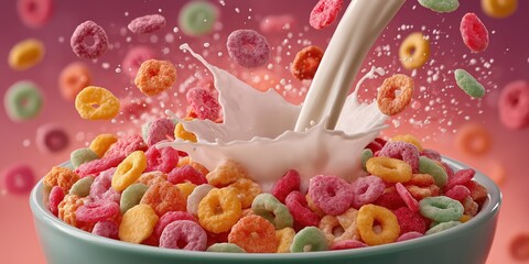 Colorful cereal bowl with splashing milk, vibrant fruity shapes, perfect for breakfast ads, inviting and energetic vibe.