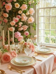Elegantly arranged dining table adorned with pink roses and fine china in a bright garden setting during midday