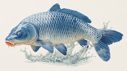 Fototapeta premium Blue carp leaping from water, detailed illustration against off white background. Water splashes are visible