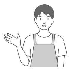 エプロンをした男性が「こちらです」と案内しているイラスト