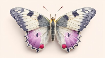 Fototapeta premium Close up of a butterfly with off white and black speckled wings, accented by soft purple hues and small red dots near