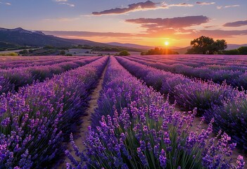Obraz premium a vibrant lavender field stretches towards a radiant sunset over distant mountains, creating a picturesque and serene landscape.