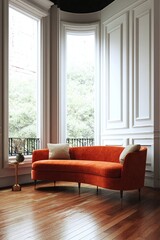Cozy living room featuring an orange sectional sofa with a cushion, large windows, and wooden flooring