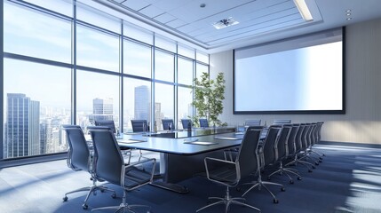 Modern City View Conference Room, Sleek Design, Big Windows, Panoramic Cityscape, Office Meeting Space,  Presentation Screen