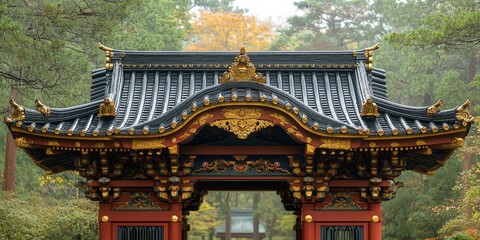 Fototapeta premium Ornate traditional Japanese architecture with detailed roof design surrounded by trees