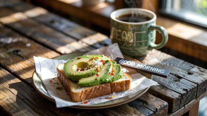 A slice of avocado toast sits next to a steaming cup of coffee