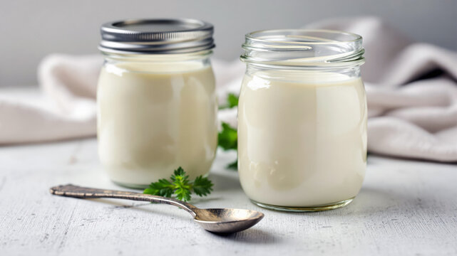 Glass Jars with Creamy Yogurt and Vintage Spoon on Light Textured Surface