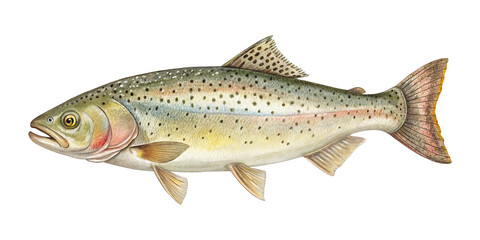 Naklejka premium A beautifully rendered watercolor painting of a colorful trout against a white backdrop