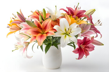 A beautiful bunch of pink and yellow spring flowers, including lilies and lilies of the valley, forms a fresh floral bouquet.