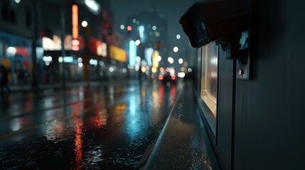 Fototapeta premium A security camera mounted on building corner overlooking a rainy city street, neon reflections on wet pavement