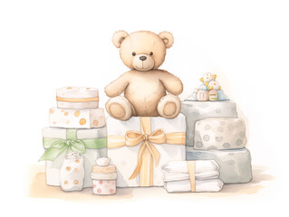 Watercolor greeting card illustration for newborn with gifts and toys