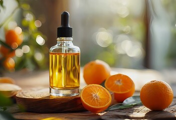 a glass dropper bottle of orange essential oil sits alongside fresh kumquats and leaves on a wooden surface with a blurred, sunlit background.