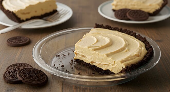 A creamy peanut butter pie with a chocolate cookie crust