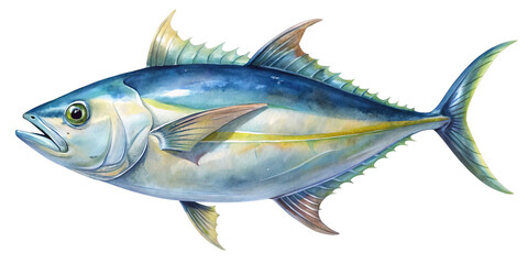Fototapeta premium Watercolor illustration of a yellowfin tuna swimming in the ocean water