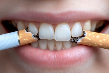 Close-up of broken cigarette between teeth highlighting anti-smoking message