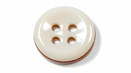Fototapeta premium Creamy off-white, four-hole button with a dark brown edge, isolated on white background