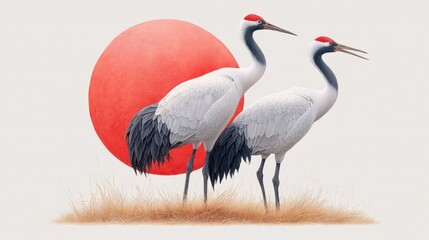 Naklejka premium Two red crowned cranes stand in a sandy field against a large red sun. Detailed, pointillist style
