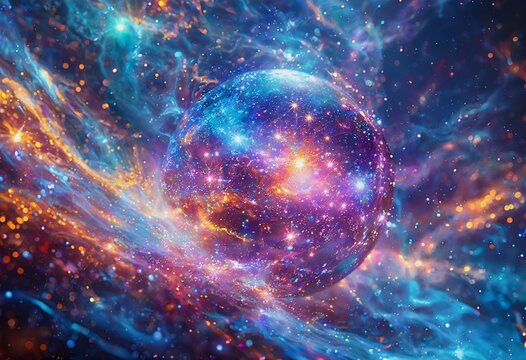 a vibrant, swirling sphere of cosmic dust and starlight emerges from a nebula of deep blues, purples, and fiery oranges, representing the birth of a universe or a celestial body.