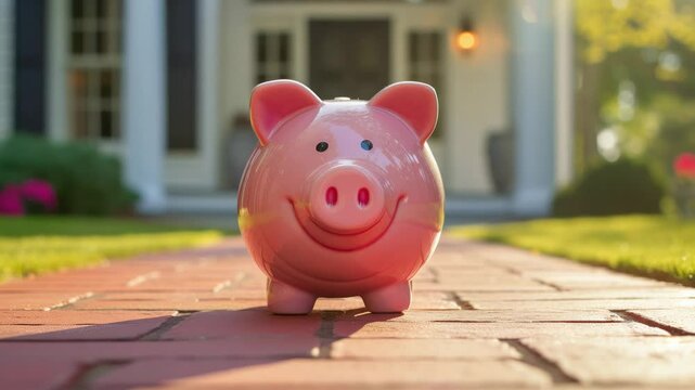 Cheerful piggy bank strolls on sunlit brick pathway in suburban setting