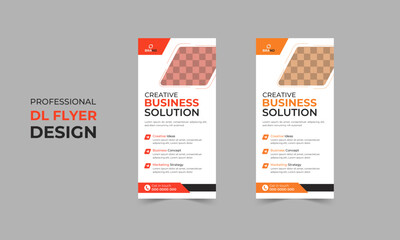 Set of professional rack card vector template design, DL flyer bundle for business agency for business promotion, geometric shape, simple layout, orange color, and yellow color DL mock-up