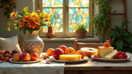 Sunlit Tabletop Still Life Featuring Peaches, Cheese, and a Bouquet of Yellow Flowers in a Decorative Vase