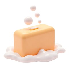 Peach soap bar melts creamy bubbles on white background