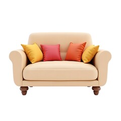 Fototapeta premium Cozy beige sofa with colorful pillows on white background