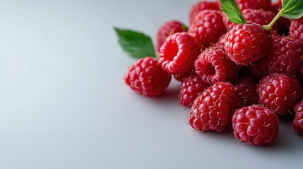 A bunch of red raspberries arranged in an organic pile, juicy and appetizing look on white
