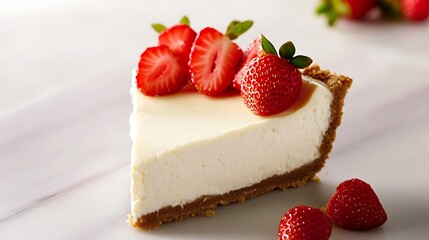 A slice of creamy New York cheesecake with fresh strawberries