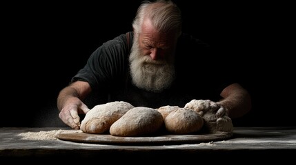 Senior artisan baker meticulously shaping fresh loaves