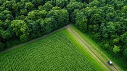Fototapeta premium Aerial view of a farm tractor spraying pesticides over early growth corn plants