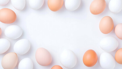 White and brown eggs arranged in a frame on a white background